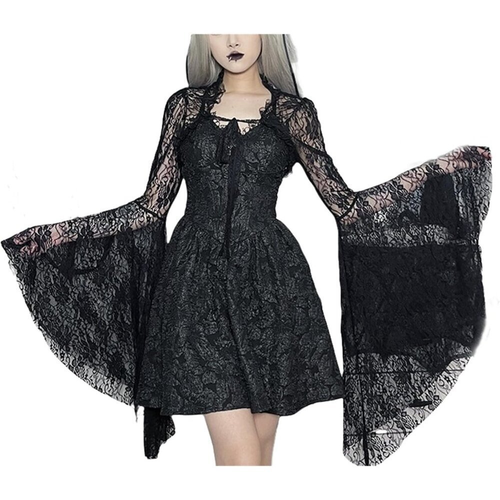 Women's Black 3 Goth Bell Long Sleeve Bolero Shrug Crop Top - Picture 1 of 7